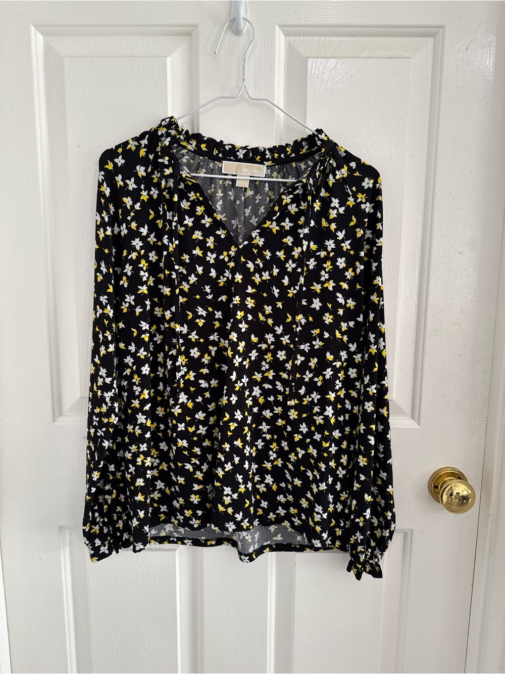 Michael Kors Black Floral V-Neck Blouse with Yellow & White Flowers
